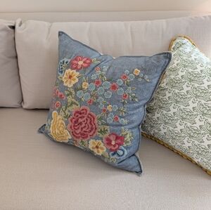Pottery Barn Floral Embroidered Denim Throw Pillow Covers 20x20